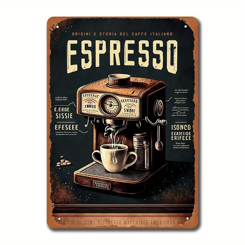 Commercial Espresso Machine - レトロな金属製サイン - 「イタリアンエスプレッソコーヒーマシン」ヴィンテージコーヒーバー装飾 - コーヒー愛好家のための感動的なブリキサイン -